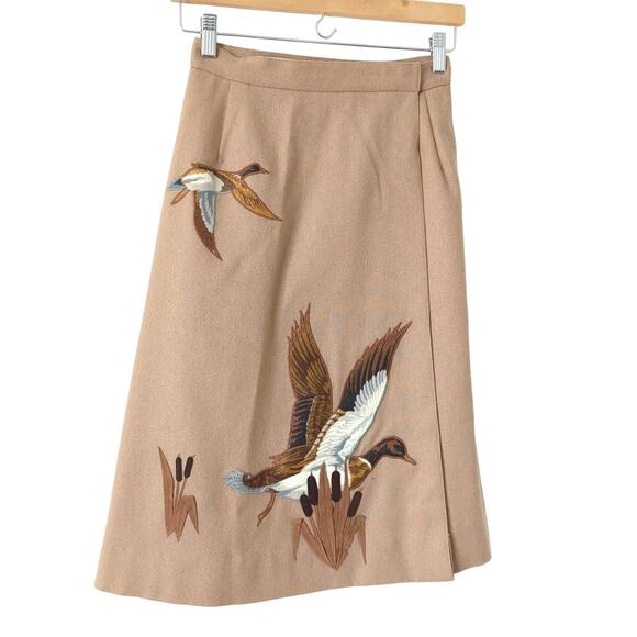 VTG Knee Length Skirt 6 Ducks Hunting Birds Mallard Brown Midi Princess Diana - Picture 1 of 11